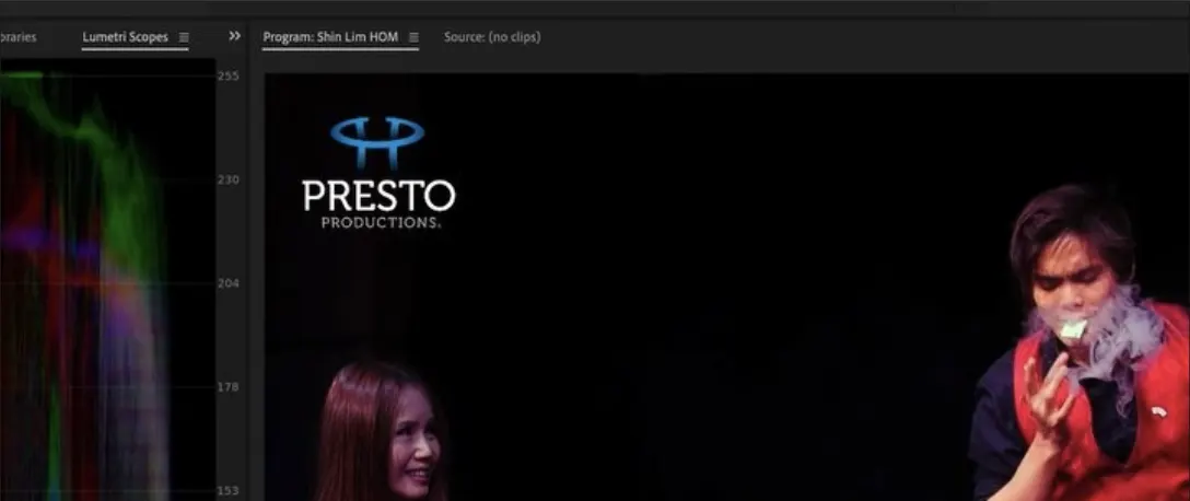 A Premiere Pro edit of a Shin Lim performance, Presto Productions watermark on the program monitor beside Lumetri colour scopes