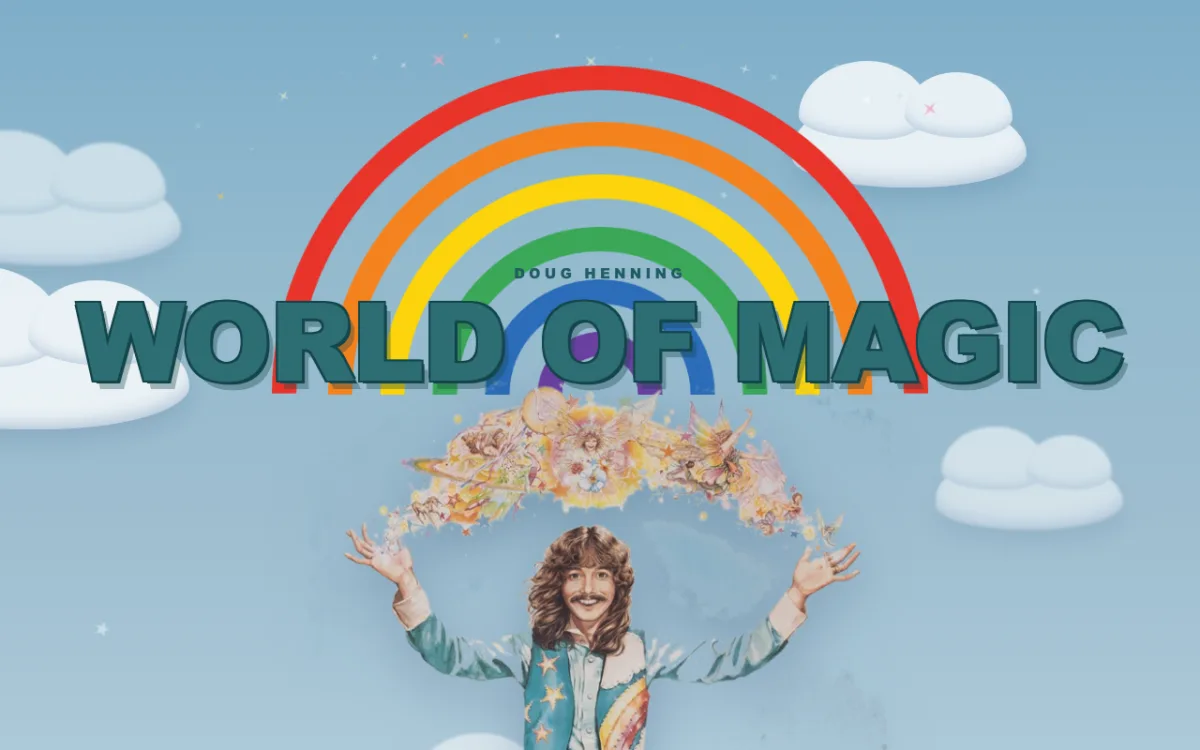 Homepage of the Doug Henning World of Magic archive, with a rainbow and Doug conjuring fairies