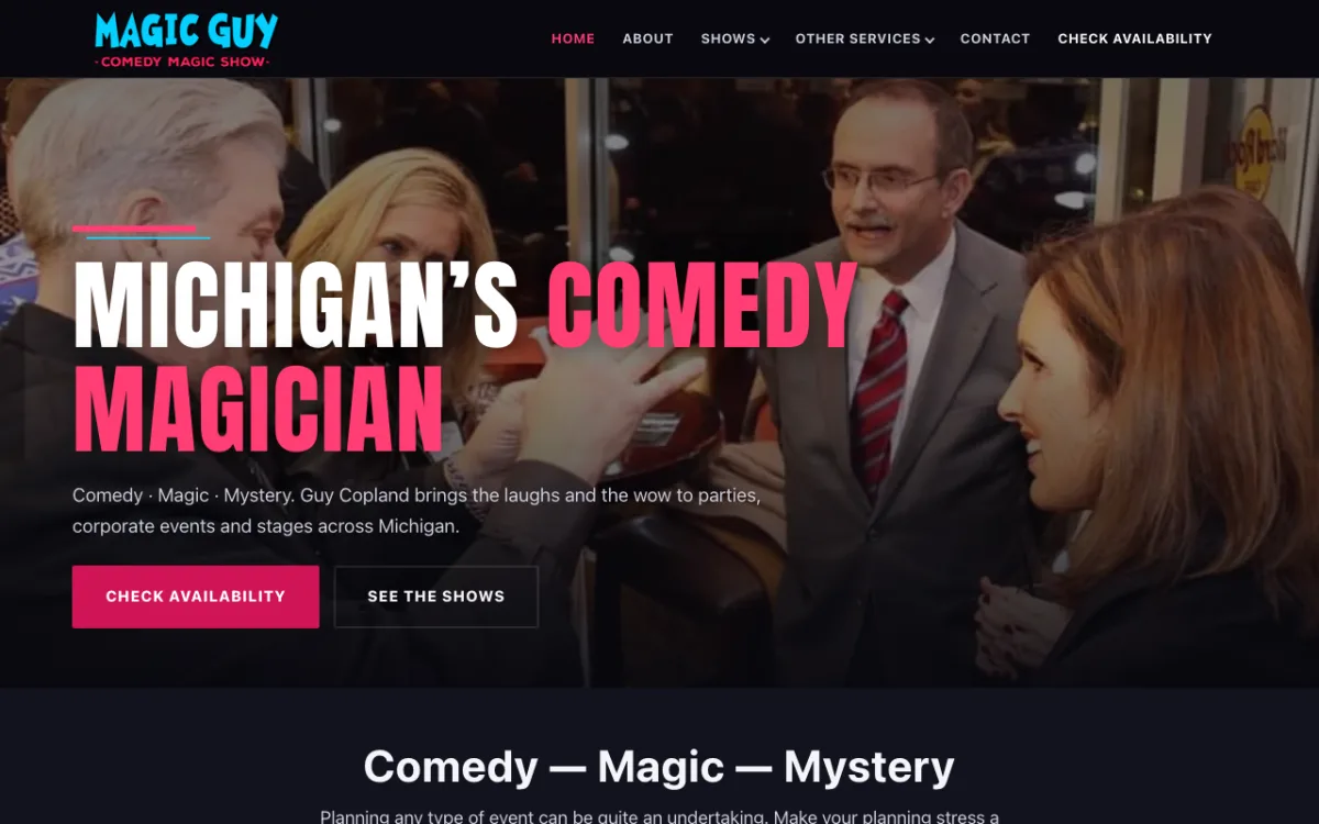 Homepage of magicguycomedy.com, Michigan comedy magician Guy Copland