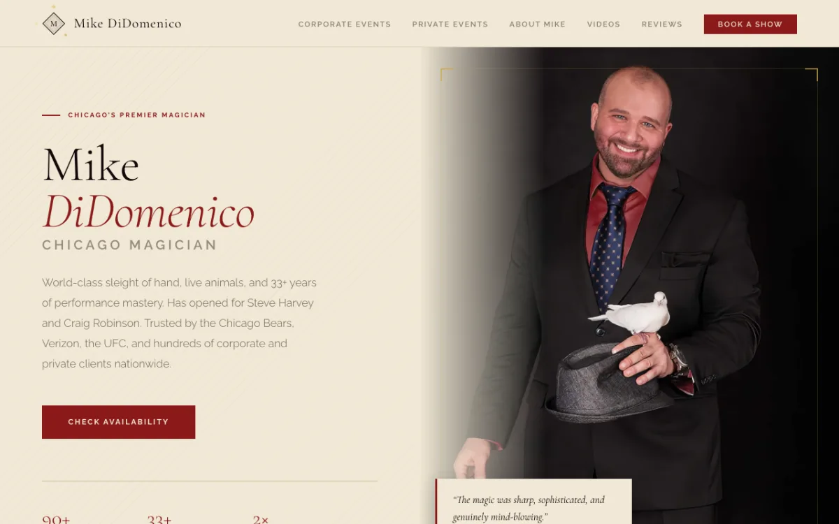 Homepage of mikedmagic.com, Chicago magician Mike DiDomenico